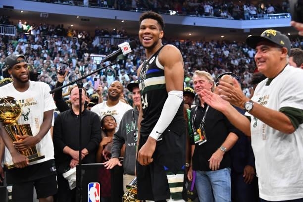 Giannis Antetokounmpo of the Milwaukee Bucks reacts after winning Game Six of the 2021 NBA Finals against the Phoenix Suns on July 20, 2021 at Fiserv...