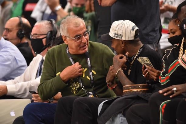 Milwaukee Bucks Owner, Marc Lasry and Former NBA Player, Brandon Jennings talk during Game Six of the 2021 NBA Finals on July 20, 2021 at Fiserv...