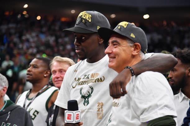 Jrue Holiday of the Milwaukee Bucks reacts after winning Game Six of the 2021 NBA Finals against the Phoenix Suns on July 20, 2021 at Fiserv Forum in...