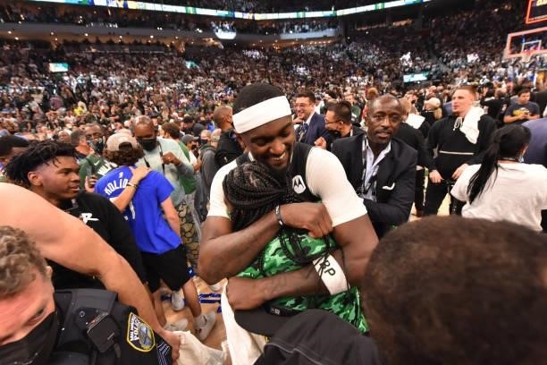 Bobby Portis of the Milwaukee Bucks reacts after winning Game Six of the 2021 NBA Finals against the Phoenix Suns on July 20, 2021 at Fiserv Forum in...