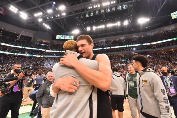 Brook Lopez of the Milwaukee Bucks reacts after winning Game Six of the 2021 NBA Finals against the Phoenix Suns on July 20, 2021 at Fiserv Forum in...