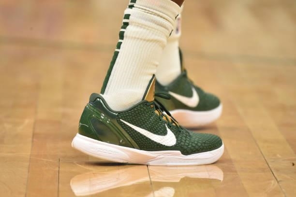 The sneakers worn by Jrue Holiday of the Milwaukee Bucks during Game Six of the 2021 NBA Finals on July 20, 2021 at Fiserv Forum in Milwaukee,...