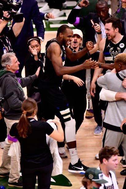 Khris Middleton of the Milwaukee Bucks celebrates after winning Game Six of the 2021 NBA Finals against the Phoenix Suns on July 20, 2021 at the...
