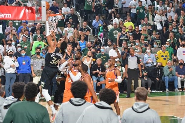 Giannis Antetokounmpo of the Milwaukee Bucks shoots the ball against the Phoenix Suns during Game Six of the 2021 NBA Finals on July 20, 2021 at...