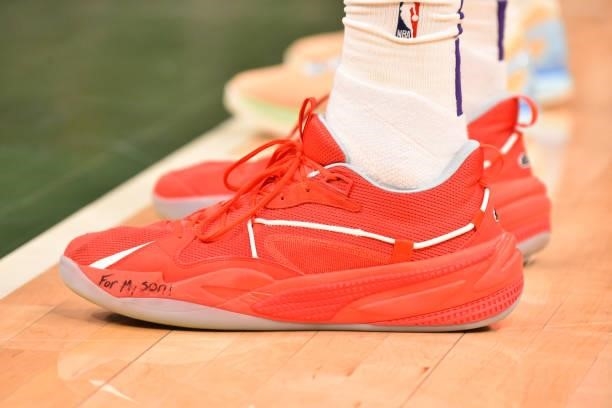 The sneakers worn by Deandre Ayton of the Phoenix Suns during Game Six of the 2021 NBA Finals on July 20, 2021 at Fiserv Forum in Milwaukee,...