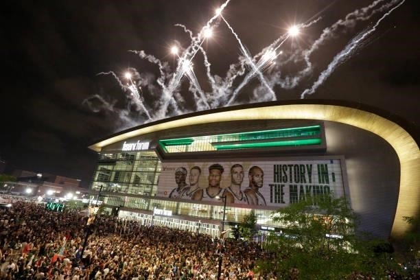 An exterior view of the Fiserv Forum in the Deer District during fireworks after the Milwaukee Bucks defeated the Phoenix Suns in Game Six of the...