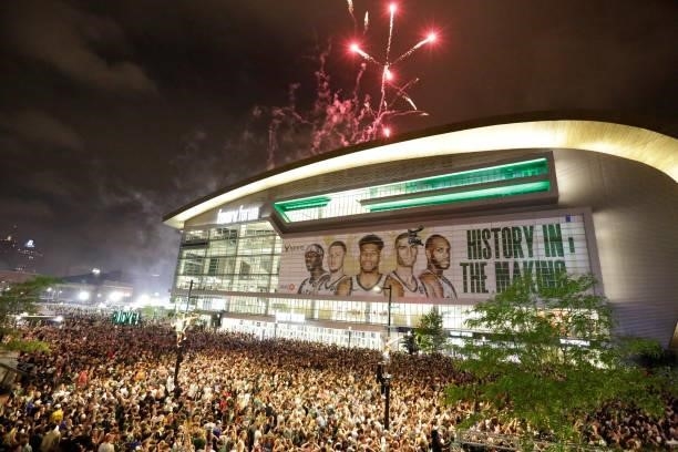 An exterior view of the Fiserv Forum in the Deer District during fireworks after the Milwaukee Bucks defeated the Phoenix Suns in Game Six of the...