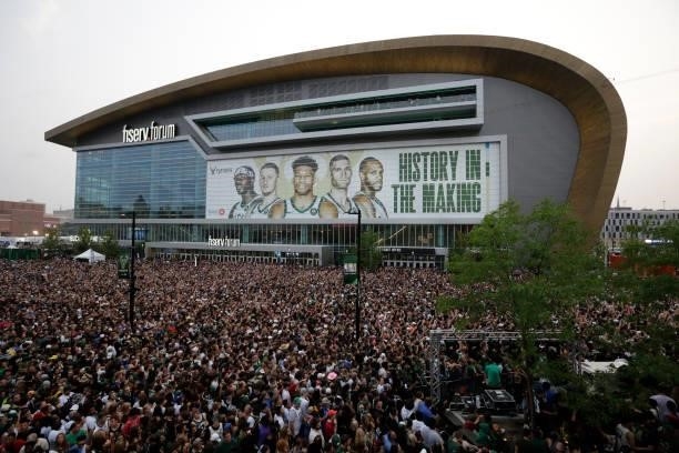 An exterior view of the Fiserv Forum in the Deer District during Game Six of the 2021 NBA Finals on July 20, 2021 at Fiserv Forum in Milwaukee,...