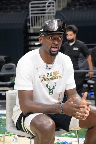Bobby Portis of the Milwaukee Bucks talks to the media after defeating the Phoenix Suns in Game Six to win the 2021 NBA Finals on July 20, 2021 at...