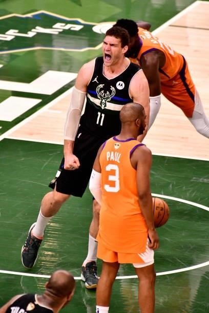 Brook Lopez of the Milwaukee Bucks reacts to a play during the game against the Phoenix Suns during Game Six of the 2021 NBA Finals on July 20, 2021...