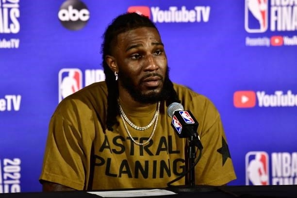 Jae Crowder of the Phoenix Suns speaks with the media after falling to the Milwaukee Bucks during Game Six of the 2021 NBA Finals on July 20, 2021 at...