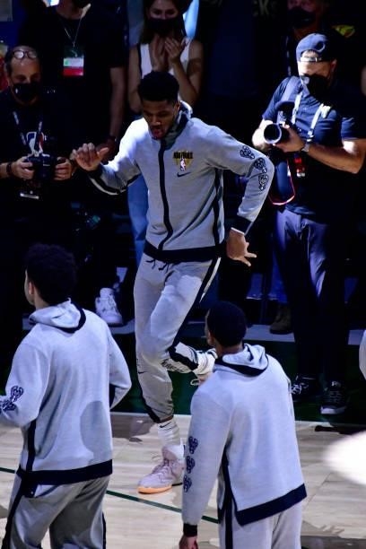 Giannis Antetokounmpo of the Milwaukee Bucks dances before the game against the Phoenix Suns during Game Six of the 2021 NBA Finals on July 20, 2021...