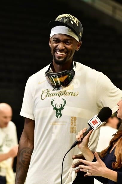 Bobby Portis of the Milwaukee Bucks is interviewed after winning the 2021 NBA Finals during Game Six against the Phoenix Suns on July 20, 2021 at the...