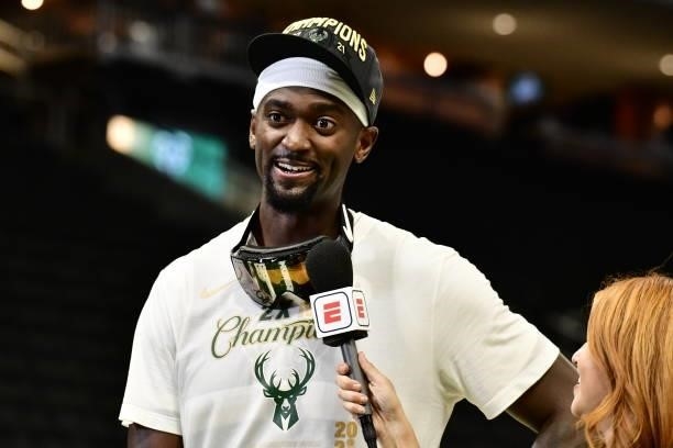 Bobby Portis of the Milwaukee Bucks is interviewed after winning the 2021 NBA Finals during Game Six against the Phoenix Suns on July 20, 2021 at the...
