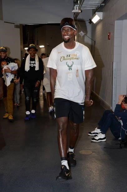 Bobby Portis of the Milwaukee Bucks smiles after defeating the Phoenix Suns in Game Six to win the 2021 NBA Finals on July 20, 2021 at the Fiserv...