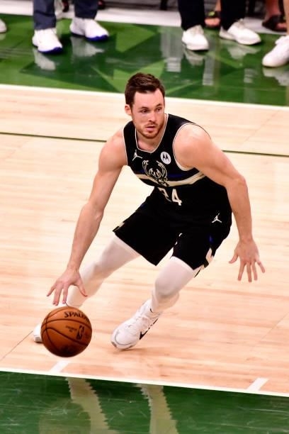 Pat Connaughton of the Milwaukee Bucks handles the ball against the Phoenix Suns during Game Six of the 2021 NBA Finals on July 20, 2021 at the...
