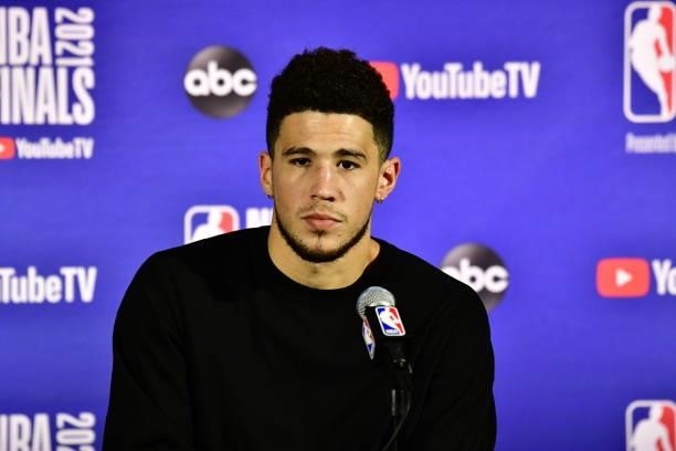 Devin Booker of the Phoenix Suns speaks with the media after falling to the Milwaukee Bucks during Game Six of the 2021 NBA Finals on July 20, 2021...