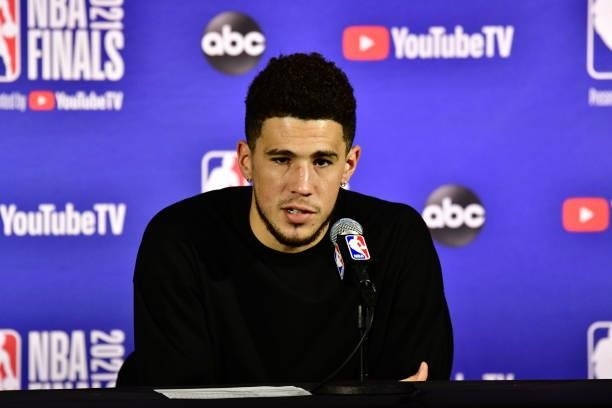 Devin Booker of the Phoenix Suns speaks with the media after falling to the Milwaukee Bucks during Game Six of the 2021 NBA Finals on July 20, 2021...