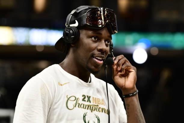 Jrue Holiday of the Milwaukee Bucks is interviewed after winning the 2021 NBA Finals during Game Six against the Phoenix Suns on July 20, 2021 at the...
