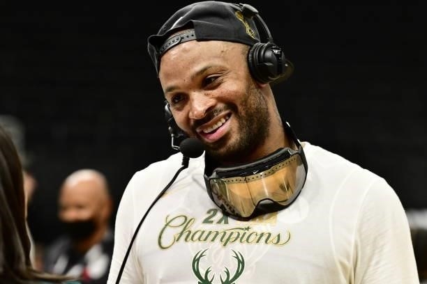 Tucker of the Milwaukee Bucks is interviewed after winning the 2021 NBA Finals during Game Six against the Phoenix Suns on July 20, 2021 at the...