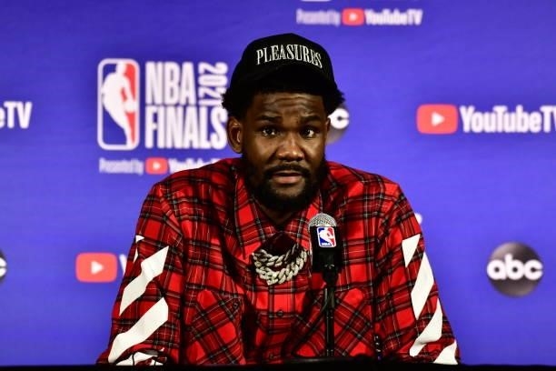 Deandre Ayton of the Phoenix Suns speaks with the media after falling to the Milwaukee Bucks during Game Six of the 2021 NBA Finals on July 20, 2021...