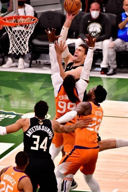 Brook Lopez of the Milwaukee Bucks shoots the ball against the Phoenix Suns during Game Six of the 2021 NBA Finals on July 20, 2021 at the Fiserv...