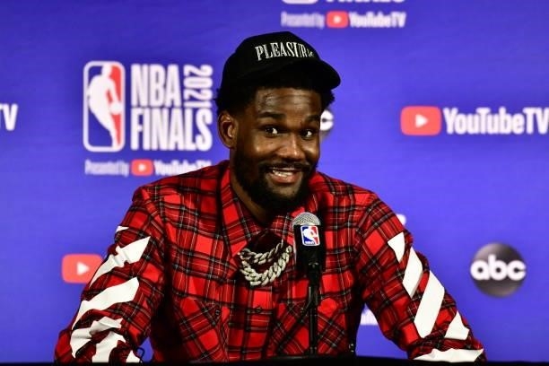 Deandre Ayton of the Phoenix Suns speaks with the media after falling to the Milwaukee Bucks during Game Six of the 2021 NBA Finals on July 20, 2021...