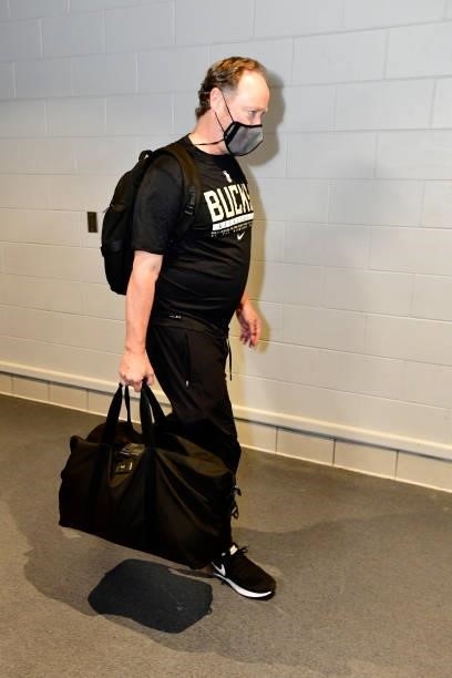 Head Coach, Mike Budenholzer of the Milwaukee Bucks arrives to the game against the Phoenix Suns during Game Six of the 2021 NBA Finals on July 20,...