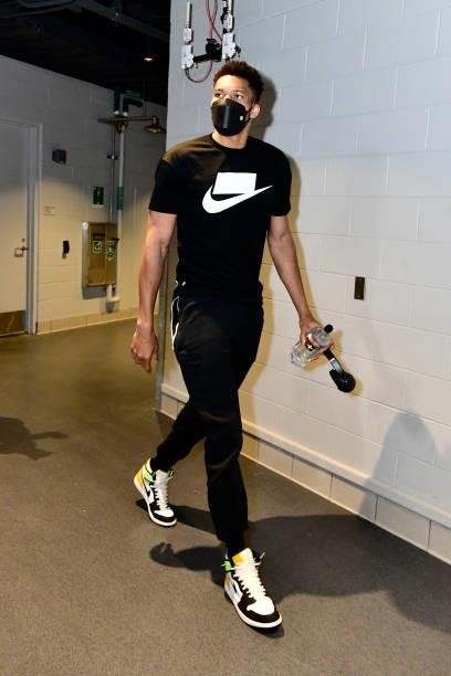 Giannis Antetokounmpo of the Milwaukee Bucks arrives to the game against the Phoenix Suns during Game Six of the 2021 NBA Finals on July 20, 2021 at...