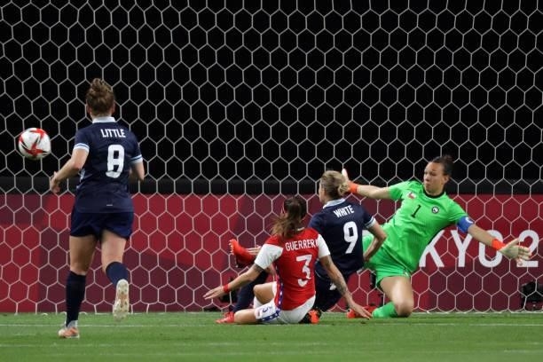 Britain's forward Ellen White misses a goal opportunity during the Tokyo 2020 Olympic Games women's group E first round football match between Great...