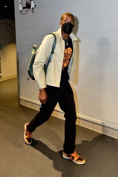 Mamadi Diakite of the Milwaukee Bucks arrives to the game against the Phoenix Suns during Game Six of the 2021 NBA Finals on July 20, 2021 at the...