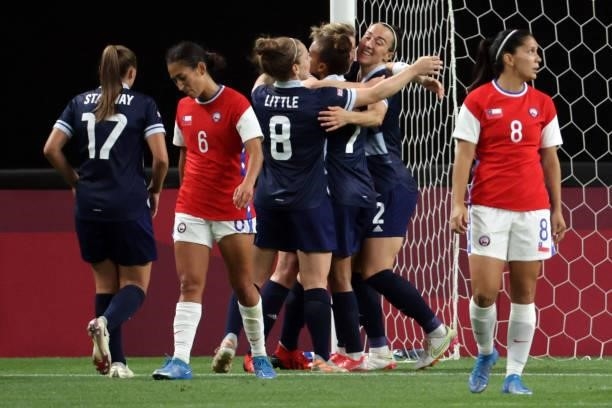 Britain's players celebrate their second goal scored by Britain's forward Ellen White during the Tokyo 2020 Olympic Games women's group E first round...
