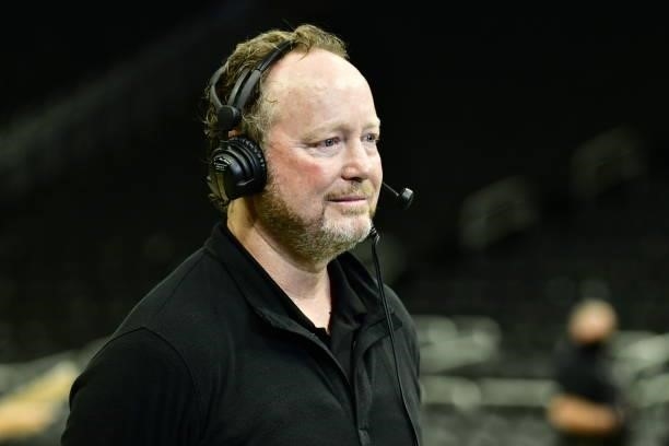 Head Coach, Mike Budenholzer of the Milwaukee Bucks is interviewed after defeating the Phoenix Suns during Game Six of the 2021 NBA Finals on July...