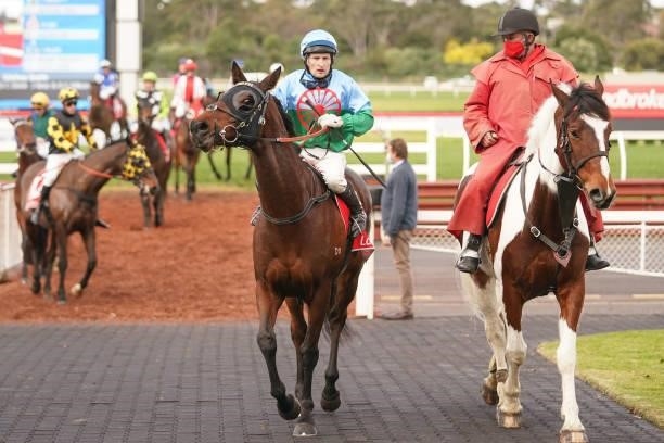 Garimpeiro ridden by Craig Newitt returns to the mounting yard after winning the Ladbrokes Switch Handicap at Ladbrokes Park Lakeside Racecourse on...
