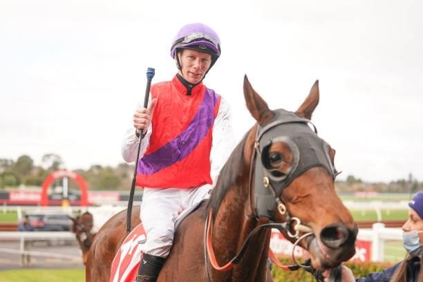 Just As Soon ridden by Damien Thornton returns to the mounting yard after winning the Ladbrokes Easy Form Handicap at Ladbrokes Park Lakeside...