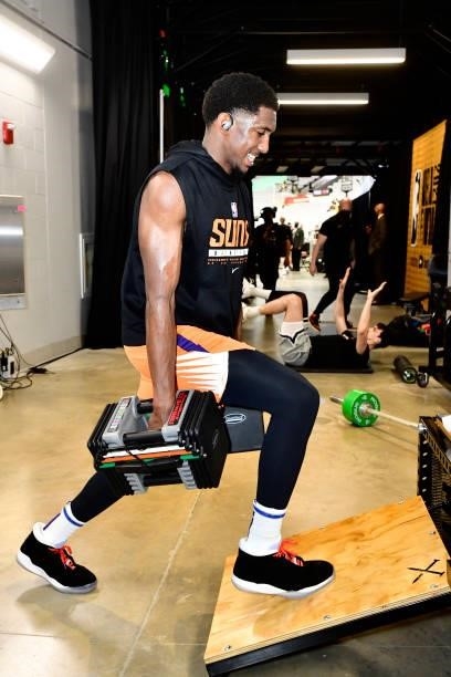 Langston Galloway of the Phoenix Suns warms up before the game against the Milwaukee Bucks during Game Six of the 2021 NBA Finals on July 20, 2021 at...