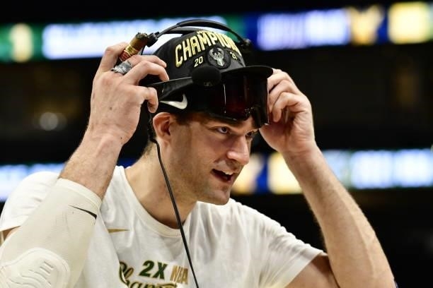 Brook Lopez of the Milwaukee Bucks is interviewed after winning Game Six of the 2021 NBA Finals against the Phoenix Suns on July 20, 2021 at the...