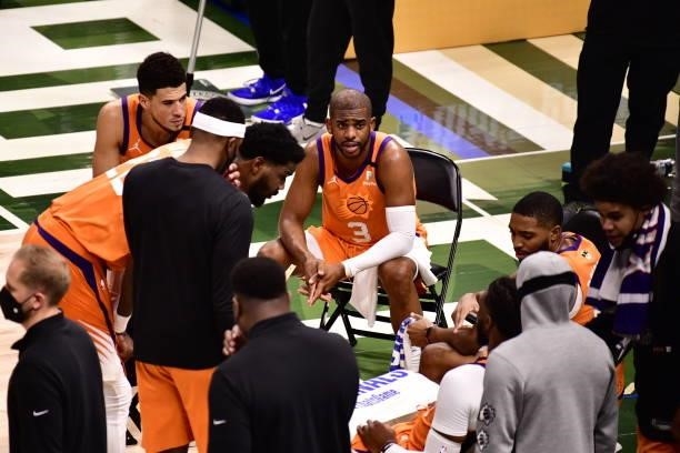 Chris Paul of the Phoenix Suns looks on during the game against the Milwaukee Bucks during Game Six of the 2021 NBA Finals on July 20, 2021 at the...