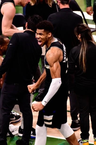 Giannis Antetokounmpo of the Milwaukee Bucks reacts to a play during Game Six of the 2021 NBA Finals on July 20, 2021 at the Fiserv Forum Center in...