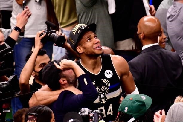 Giannis Antetokounmpo of the Milwaukee Bucks reacts after winning Game Six of the 2021 NBA Finals against the Phoenix Suns on July 20, 2021 at the...