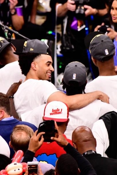 Jordan Nwora of the Milwaukee Bucks celebrates after winning Game Six of the 2021 NBA Finals against the Phoenix Suns on July 20, 2021 at the Fiserv...