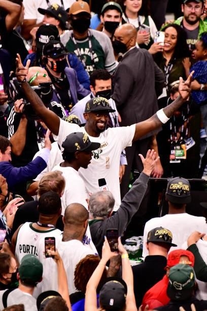 Bobby Portis of the Milwaukee Bucks celebrates after winning Game Six of the 2021 NBA Finals against the Phoenix Suns on July 20, 2021 at the Fiserv...