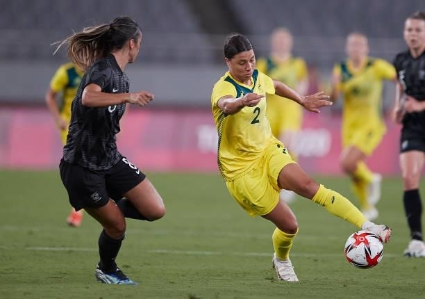 Sam Kerr of Australia battle for the ball in the Women's First Round Group G match between Australia and New Zealand during the Tokyo 2020 Olympic...