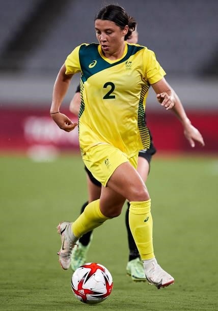 Sam Kerr of Australia controls the ball in the Women's First Round Group G match between Australia and New Zealand during the Tokyo 2020 Olympic...