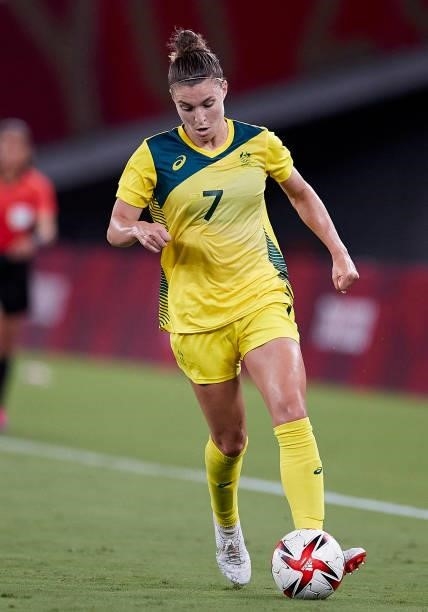 Steph Catley of Australia controls the ball in the Women's First Round Group G match between Australia and New Zealand during the Tokyo 2020 Olympic...