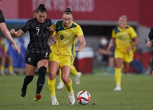 Caitlin Foord of Australia and Ali Riley of New Zealand battle for the ball in the Women's First Round Group G match between Australia and New...
