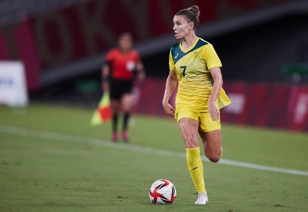 Steph Catley of Australia controls the ball in the Women's First Round Group G match between Australia and New Zealand during the Tokyo 2020 Olympic...