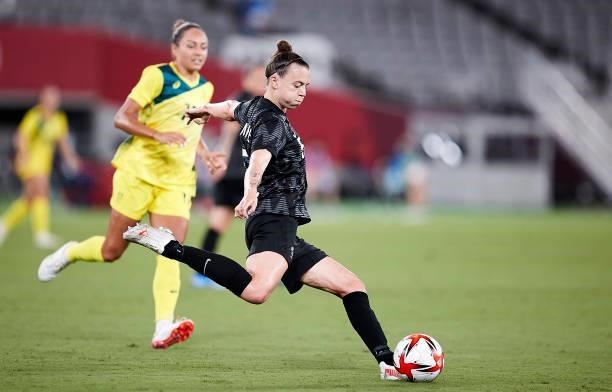 Meikayla Moore of New Zealand controls the ball in the Women's First Round Group G match between Australia and New Zealand during the Tokyo 2020...