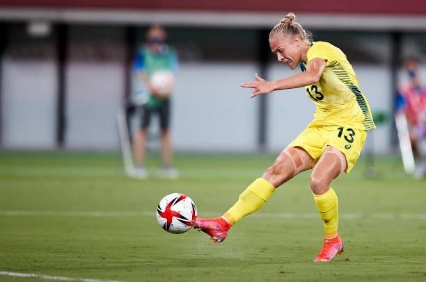 Tameka Yallop of Australia controls the ball in the Women's First Round Group G match between Australia and New Zealand during the Tokyo 2020 Olympic...