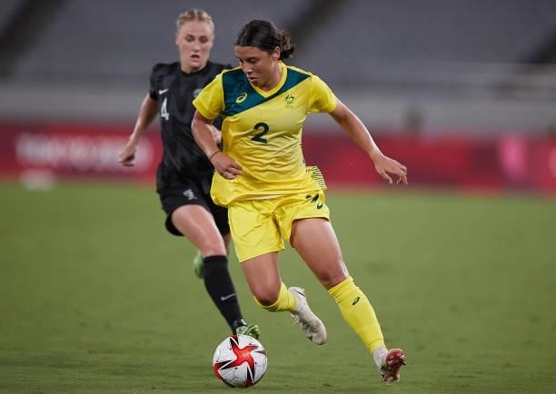 Sam Kerr of Australia battle for the ball in the Women's First Round Group G match between Australia and New Zealand during the Tokyo 2020 Olympic...
